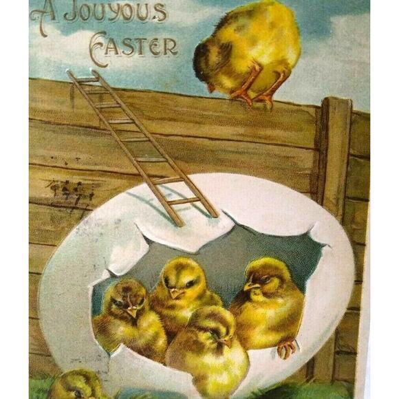 Easter Postcard Fantasy Baby Chicks Ladder Fence Cracked Egg Vintage Embossed - Picture 1 of 4